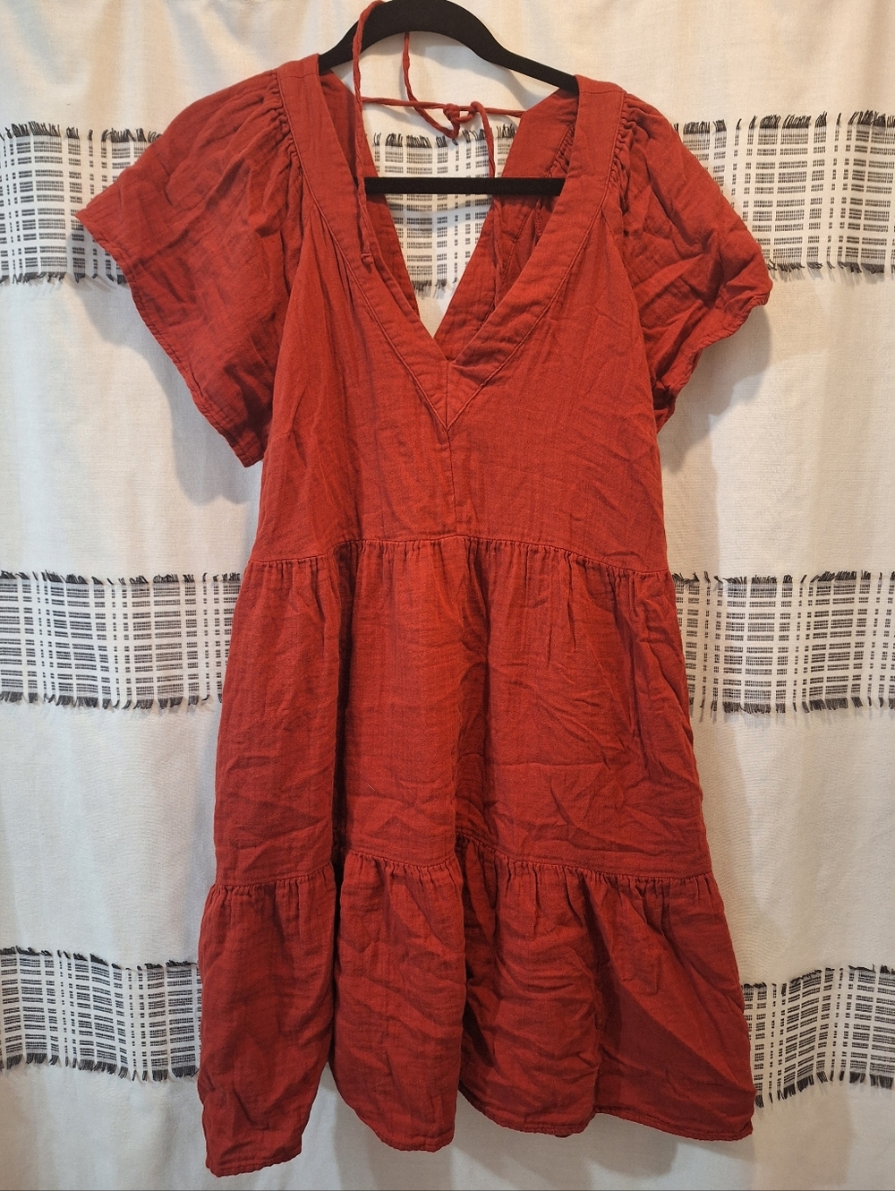 Women's Rust Red Tiered V-Neck Cotton Dress